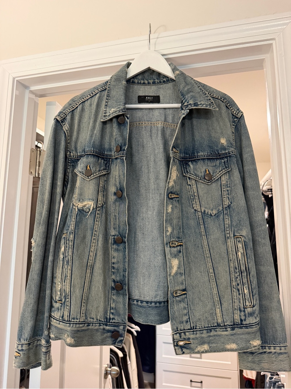 Light Blue Distressed Denim Jacket - Women’s  Trucker Style